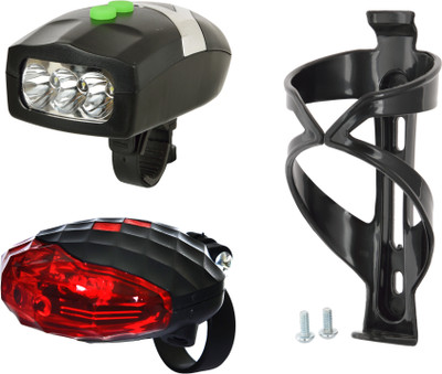 

Dark Horse Bicycle 3 Mode Front Light & Horn, Laser Tail Light with Black Bottle Cage Combo LED Front Rear Light Combo(Black)
