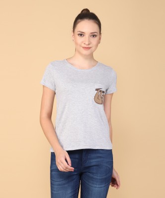 [Size M] Flying Machine Printed Women Round Neck Grey T-Shirt