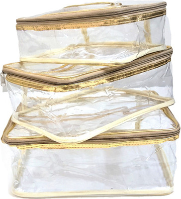 

FORE TREND Transparent Multipurpose Makeup Cosmetics Bag Plain Organizer - Set of 3 (Large) Vanity Box(Golden)