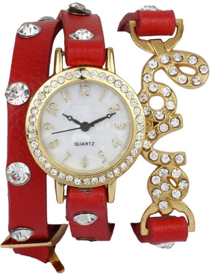 

DLG New Arrival Special Analogue Rounnd White Dial Diamond Studded on DIal Red Leather Dori Strap Watch For Girls And Womenn Watch - For Women
