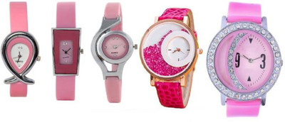 

FabSale Best New Designer Pink PU Strap Stylish Attractive Round-Oval MultiColor Dial Diamond Studded On Dial And Case(Pack Of 5) Latest Analog Wrist Watch - For Women
