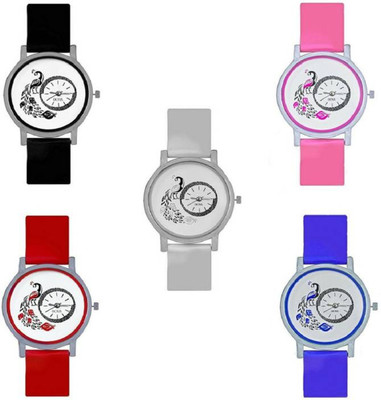 

FabSale Best New Designer MultiColor PU Strap Stylish Attractive Round White Dial (Pack Of 5) Latest Analog Wrist Watch - For Women