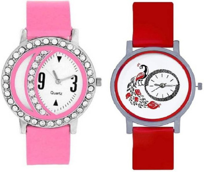 

FabSale Best New Designer MultiColor PU Strap Stylish Attractive Round White Dial Diamond Studded On Case(Pack Of 2) Latest Analog Wrist Watch - For Women