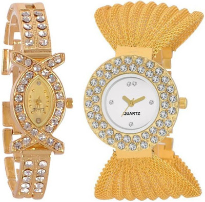 

FabSale Best New Designer Gold Metal Strap Stylish Attractive Round MultiColor Dial Diamond Studded On Dial Case And Strap(Pack Of 2) Latest Analog Wrist Watch - For Girls