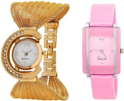 

FabSale Best New Designer MultiColor Metal::PU Strap Stylish Attractive Round::Square MultiColor Dial (Pack Of 2) Latest Analog Wrist Watch - For Girls