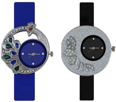 

FabSale Best New Designer Blue:Black PU Strap Stylish Attractive Round Blue:Black Dial Peacock Case(Pack Of 2) Latest Analog Wrist Watch - For Women