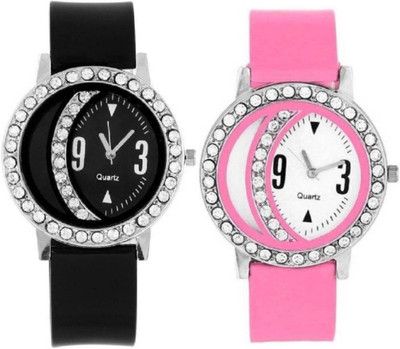 

FabSale Best New Designer MultiColor PU Strap Stylish Attractive Round MultiColor Dial Diamond Studded On Case(Pack Of 2) Latest Analog Wrist Watch - For Girls