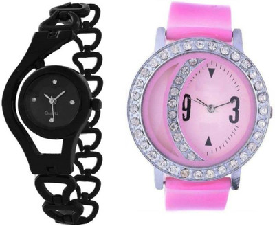 

FabSale Best New Designer MultiColor PU-Metal Strap Stylish Attractive Round MultiColor Dial Diamond Studded On Dial And Case(Pack Of 2) Latest Analog Wrist Watch - For Girls