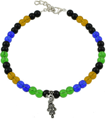 HIGH TRENDZ Handmade Multi Color Glass Beads With Oxidise Charm Alloy Anklet