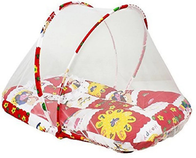 

stockhawkers cotton baby bed with double padded mattress XL baby bed with attached mosquito net printed(Fabric, Multicolor)