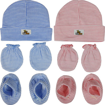 

Kidbee Baby Checked Printed Soft Booties Mittens Cap Combo Set(Blue,Red)