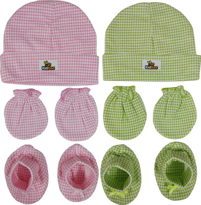Kidbee Baby Checked Printed Soft Booties Mittens Cap Combo Set(Pink,Green)