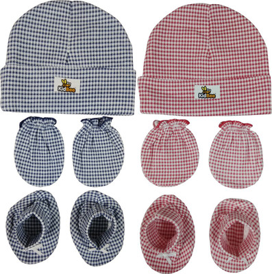 

Kidbee Baby Checked Printed Soft Booties Mittens Cap Combo Set(Dark Blue,Red)