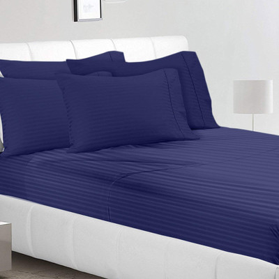Skytex 210 TC Satin King Striped Fitted (Elastic) Bedsheet(Pack of 1, Blue)