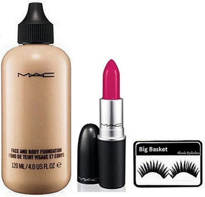 

big basket Eyelashes, mac Matte Finish Longlasting Lipstick, Face & Body Foundation(Set of 3)