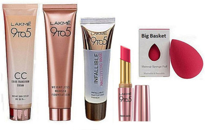 

big basket Sponge Puff, 9to5 Foundation, Cream, Primer, Primer + Matte Lipstick(Set of 5)