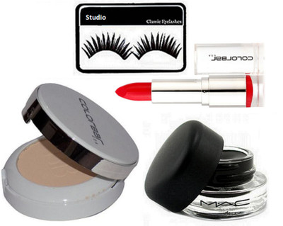 

studio Eyelashes, Colobar Radiant Wihite UV Fairness Compact,Matte Finish Lipstick, Mac Fluidline Eyeliner Gel(Set of 4)