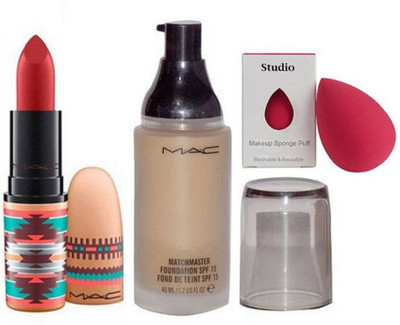 

studio Sponge Puff And Mac Vibe Tribe Matte Finish Lipstick With Match Master Liquid Foundation(Set of 3)