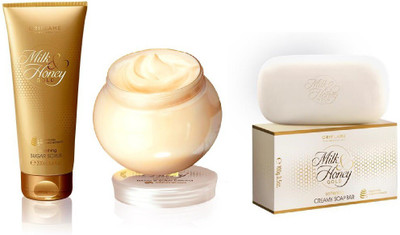 

Oriflame Sweden Milk & Honey Gold Combo Kit (Sugar Scrub, Hand & Body Cream, Soap Bar)(Set of 3)