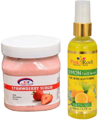 

Pink Root STRAWBERRY SCRUB 500ML WITH LEMON FACE WASH 100ML(Set of 2)