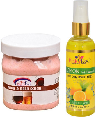 

Pink Root WINE BEER SCRUB 500ML WITH LEMON FACE WASH 100ML(Set of 2)