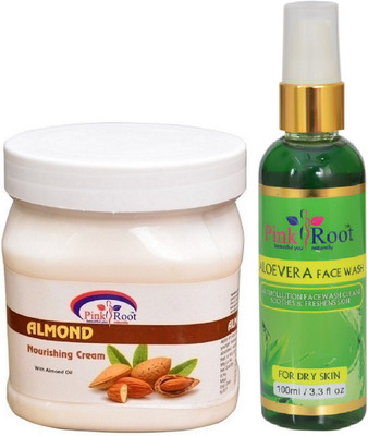 Pink Root ALMOND CREAM 500ML WITH ALOEVERA FACE WASH 100ML(Set of 2)