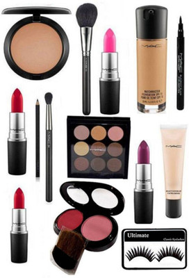 

Ultimate Eyelashes With Mac Matchmaster Foundation,2 Shade Blusher With 9 shades Eyeshadow Palette,Pen Eyeliner &2makeup Brush & Matte Finish Long Lasting Lipsticks 4 shades & Studio Fix Compact,Pencil Kajal(Set of 14)
