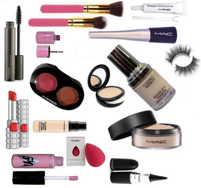 

studio Sponge Puff And Makeup Brush With Mac Liquid Eyeliner&mascara And 2 shades Blusher & Pro long wear Concealer,Star lip Gloss & Mineraliz foundation,Face Loose powder & Stick kajal,Eyelashes &Matte Finish Lipstick &Mirror Nail polish & Lashfix Eyelas
