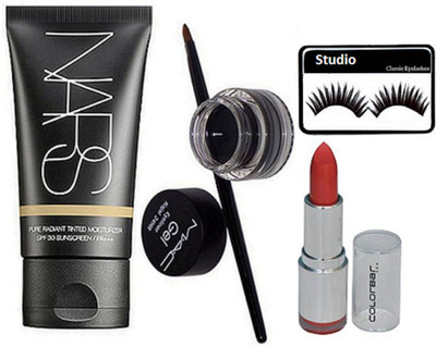

studio eyelashes & nars foudnation & mac gel eyeliner & colorbar matte finish lipstick(Set of 4)