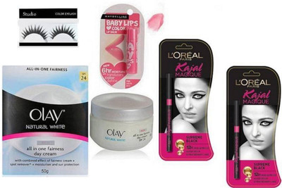 

Studio Eyelashes With olay Natural White Cream,Cherry kiss Lip Balm With Magique kajal pack Of 2(Set of 5)