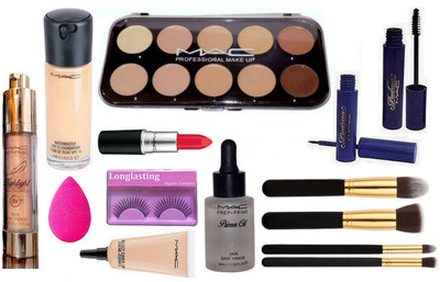 

Longlasting Eyelashes, Sponge Puff, Brush set of 4, Mac 10 Shade Concealer Palette, Pro longwear Concealer, Matchmaster Foundation, Pearl Radiance Highlighter, Lustre Lipstick, Prep+prime Primer Oil, Padma Eyeliner & Mascara(Set of 14)