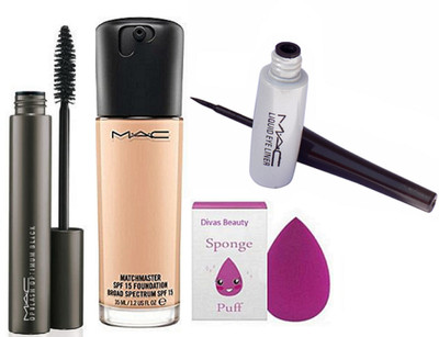 

divas beauty Sponge Puff With Mac Mineralize Foundation & Liquid Eyeliner & Zoom Lash Mascara Black(Set of 4)