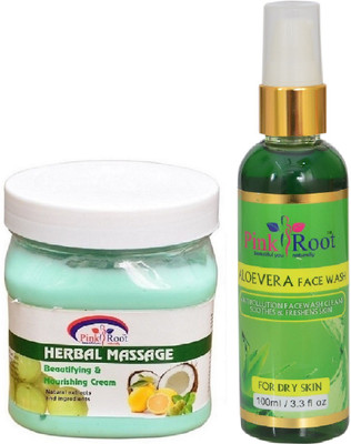 Pink Root HERBAL MASSAGE CREAM 500ML WITH ALOEVERA FACE WASH 100ML(Set of 2)