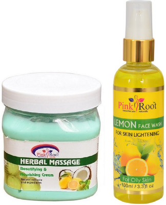 

Pink Root HERBAL MASSAGE CREAM 500ML WITH LEMON FACE WASH 100ML(Set of 2)