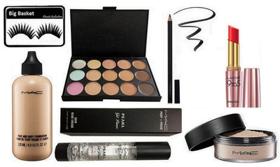 

big basket Eyelashes, Mac Face & Body Foundation, 15 Shades Concealer Palette, Prep+Prime Pearl Gel Primer, Losse Powder, Kajal pencil, 9 to 5 Primer + Matte Lipstick Pink Perfect(Set of 7)