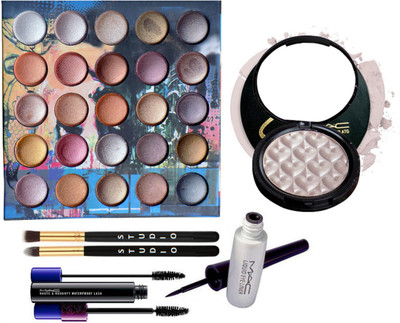 

studio Make up Brush 2, Mac for my love Eyeshadow Palette, Selena Air Cushion Illuminator, Liquid Eyeliner, Houte and Naughty Double Effect Mascara(Set of 6)