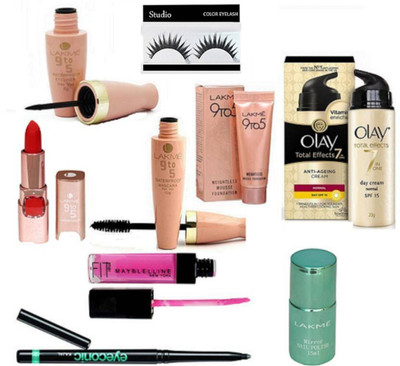 

studio Eyelashes, weighless mousse foundation 6gm & liquid Eyeliner &Mascara With Matte finish long lasting lipstick With Eyeconic kajal & cream & mirrr nail polish With pink lip gloss(Set of 9)