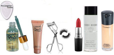 

Pro longwear combo Silicon Puff&9 To 5 Face Serum,Weightless Mousse Foundation,Mac Lipstick With Matchmaster Liquid Foundation, Eyelashes& Its Curler With Bobbi Brown Remover(Set of 8)