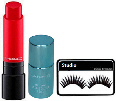 

studio Eyelashes WIth Mirror Nail Polish, Mac Liptensity Long Lasting Matte Finish Lipstick(Set of 3)