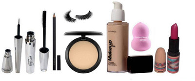 

Pro longwear combo Of Sponge Puff, Eyelashes, Brooke Candy Liquid Eyeliner & Mascara, Studio Fix Compact, Makeup Foundation, Vibe Tribe Lipstick, Pencil Kajal(Set of 8)