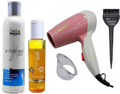 

Pro longwear combo Hair Brush, L'oreal professional X-tenso Shampoo 230ml Matrix Biolage Smoothproof Hair Serum,Nova Hair Dryer Multi color(Set of 4)