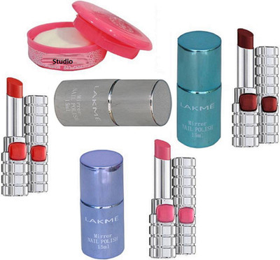

studio Nail remover With riche by shine long lasting lipstick (Pack of 3) with lakme mirror nail polish (Pack of 3)(Set of 7)