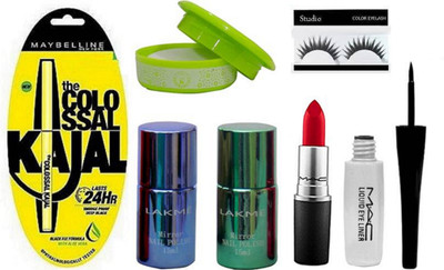 

Studio Eyelashes With Mac Matte Finish Long Lasting Lipstick With Liquid Eyeliner & Mirror nail Polish 2 Colors,Nail Polish Remover,Colossal Kajal(Set of 7)