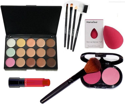 

Marvalous Sponge puff &mac concealer palette in 15 shades & 2 shade blusher of Mac & Liptensity lipstick & Mac Cosmetic brush profusion 5 piece in a box(Set of 9)