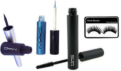 

divas beauty Eyelashes, Mac Eyeliner & Zoom lash Mascara With Blue Gliter Eyeliner(Set of 4)