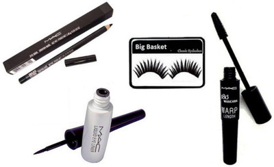 

big basket Eyelashes, Liquid Eyeliner Black,180 Warp Lenght Upward lash Mascara&Kajal Pencil(Set of 4)