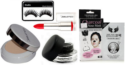 

studio Eyelashes, Colorbar Radiant Wihite UV Fairness Compact, matte Finish Lipstick, Mac Fluidline Eyeliner Gel, Charcoal Nose Mask(Set of 5)