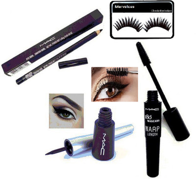 

Marvalous eyelashes , liquid eyeliner & 180 wrap waterproof mascara with pencil kajal(Set of 4)