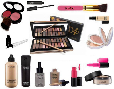 

studio Makeup brush, Shades 24 eyeshadow palette with mac zoom lash mascara and liquid black eyeliner, face and Body foundation,prep+prime moisture infusion serum with Prep+Prime skin base visage primer oil and highlighter, candy yum yum lipstick with ver