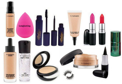 

Longlasting Sponge Puff&Mac Studio Waterweight Foundation,Pro Longwear&Selet Cover Up Concealer,Studio Fix Compact,Padma Eyeliner,Mascara,Matte Finsh 2 Shade Lipstick,Loose Powder,Kajal,Prep+Prime Primer,Mirror Nail polish,eyelashes(Set of 14)